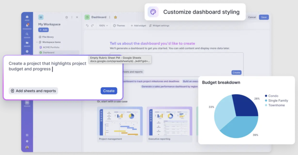 Smartsheet AI Dashboard Builder generating a project dashboard from a natural-language prompt.